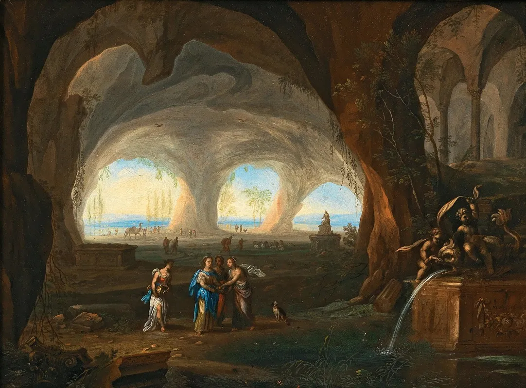 Grotto Interior With Women In Antique Dress At A Fountain Wall Art by Monogramist MM - High-Resolution Digital Print