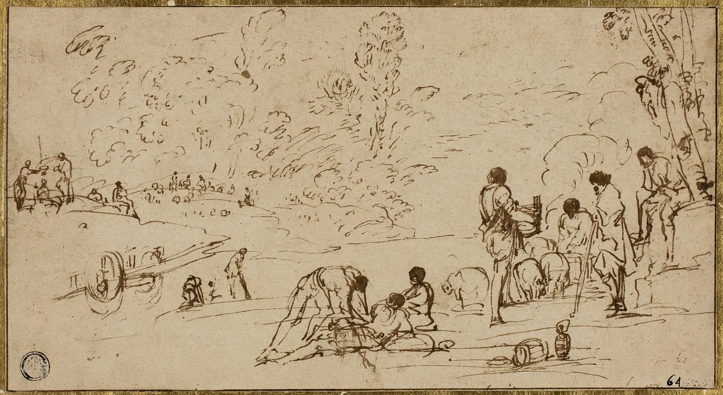 Group Of Figures By A River Wall Art by Agostino Tassi - High-Resolution Digital Print