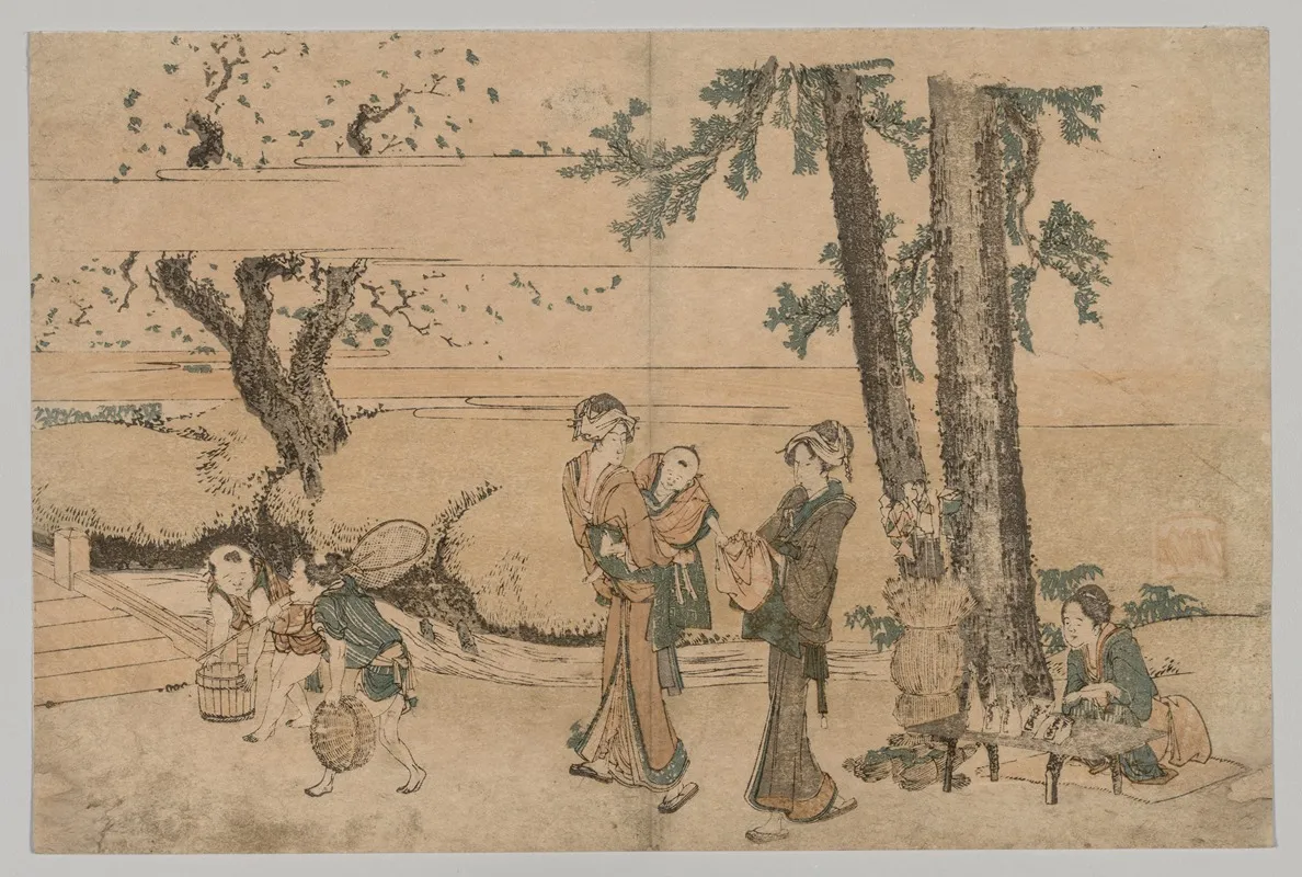 Group Of Figures Near A Brook Wall Art by Katsushika Hokusai - High-Resolution Digital Print