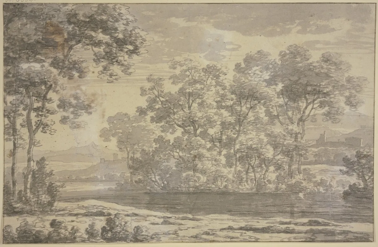 Group Of Trees Near A Water With Buildings In The Middle Ground And A Mountain Range In The Background