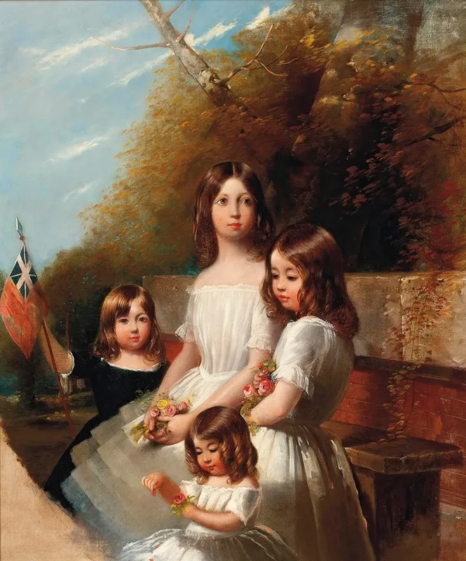 Group Portrait Of Four Children In A Landscape Wall Art by Henry Barraud - High-Resolution Digital Print