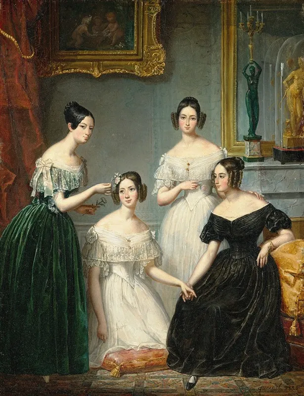 Group Portrait Of Four Young Ladies In An Interior Wall Art by François Quesnel - High-Resolution Digital Print
