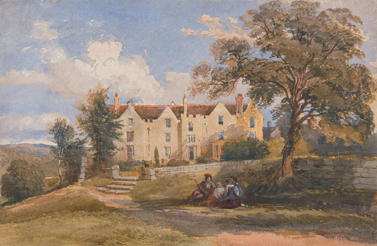 Group Seated In Grounds Of A Large House Wall Art by David Cox Jnr - High-Resolution Digital Print