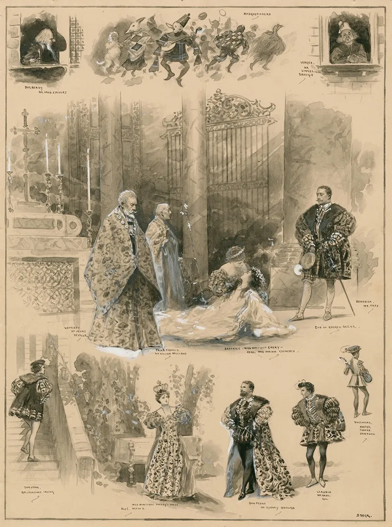 Grouped Vignettes Depicting Characters And Scenes From Much Ado About Nothing As Performed At His Majestys In 1905 Wall Art by Samuel Begg - High-Resolution Digital Print