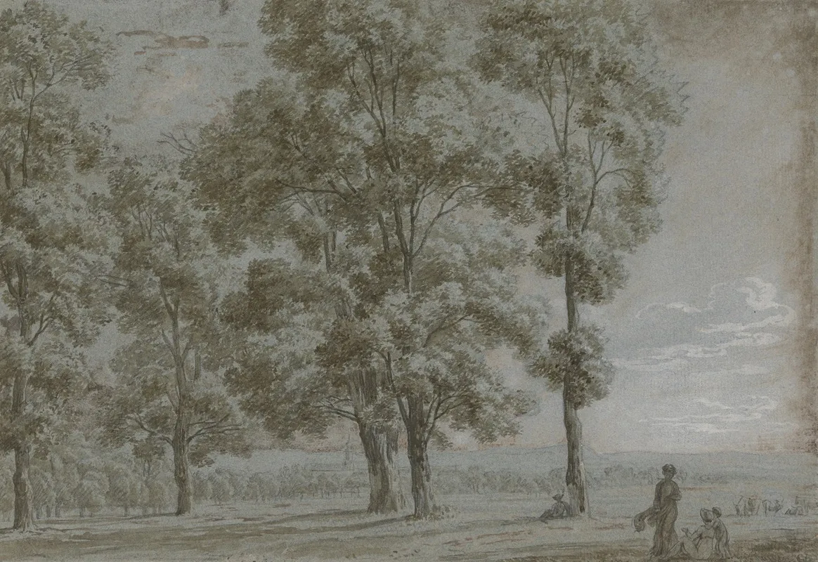 Gruppe Von Funf Hohen Baumen Mit Durchblick Auf Eine Weite Landschaft Rechts Vorne Eine Sitzende Und Eine Stehende Frau Und Ein Kind Wall Art by Marquard Wocher - High-Resolution Digital Print