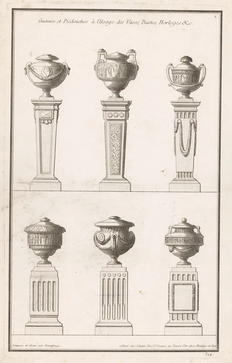Guaines Et Piedouches A Lusage Des Vases Bustes Horloges C Wall Art by Jean François de Neufforge - High-Resolution Digital Print