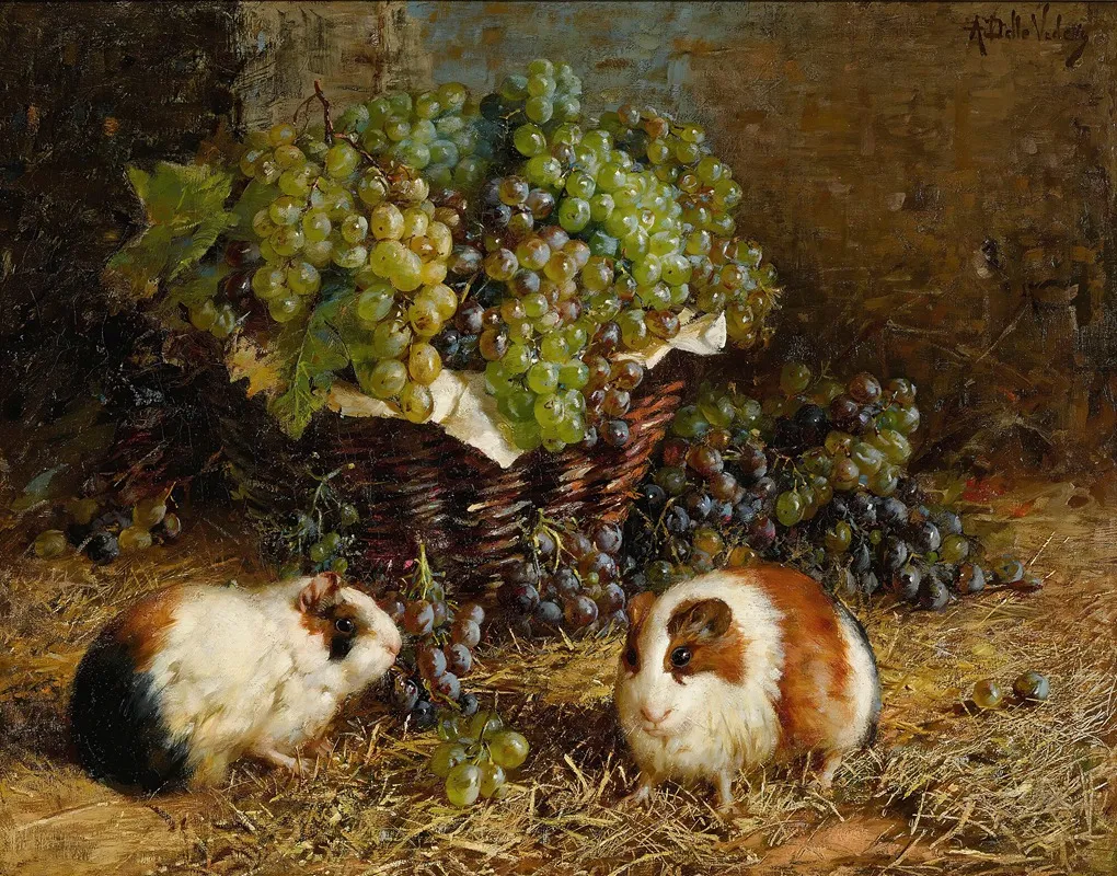 Guinea Pigs And A Basket Of Grapes Wall Art by Antonio delle Vedove - High-Resolution Digital Print