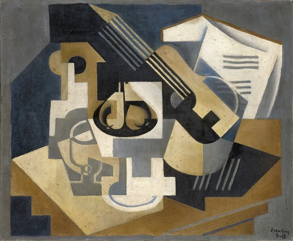 Guitar And Fruit Bowl On A Table Guitar And Fruit Bowl Wall Art by Juan Gris - Canvas Print