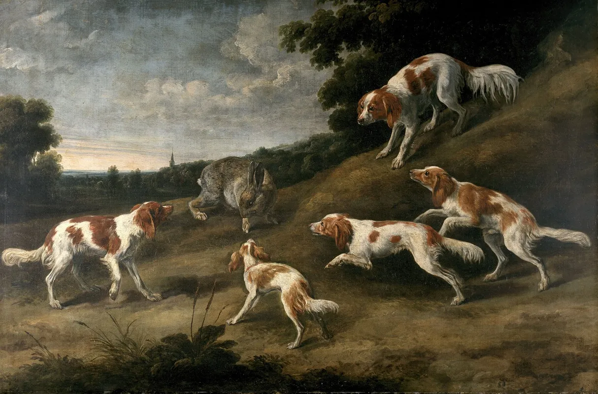 Gun Dogs Surrounding A Rabbit