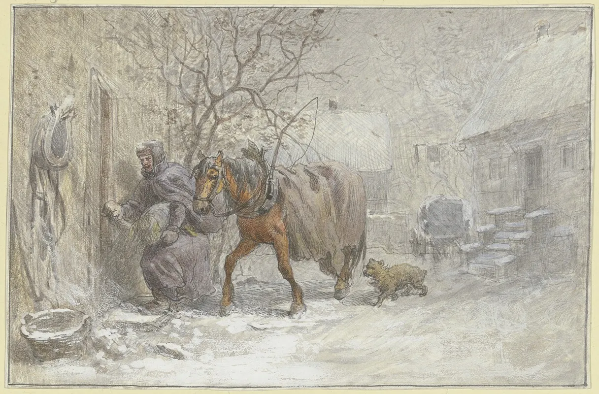 Gutshof Im Winter Ein Pferd Wird Vom Kutscher In Den Stall Gefuhrt Wall Art by Heinrich Winter - High-Resolution Digital Print