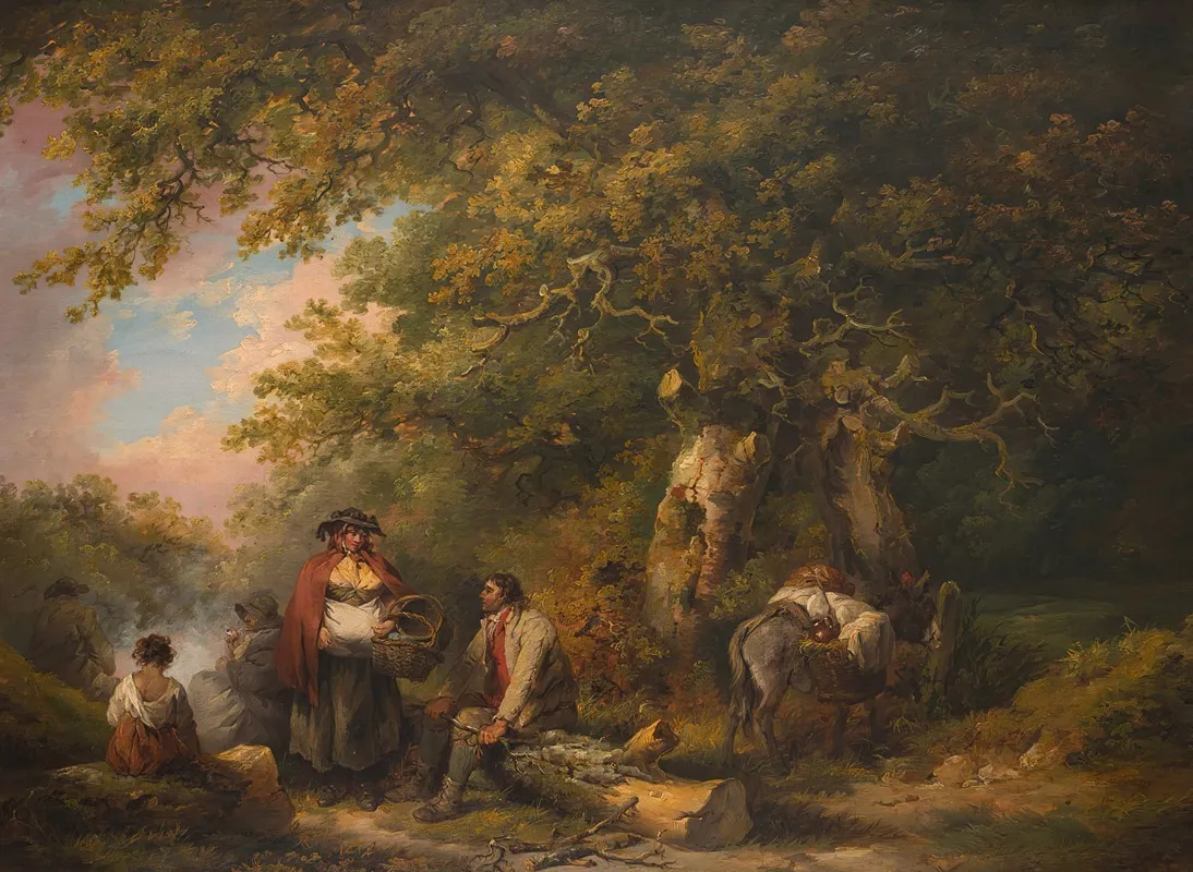 Gypsy Encampment With Seated Man Breaking Firewood Wall Art by George Morland - High-Resolution Digital Print