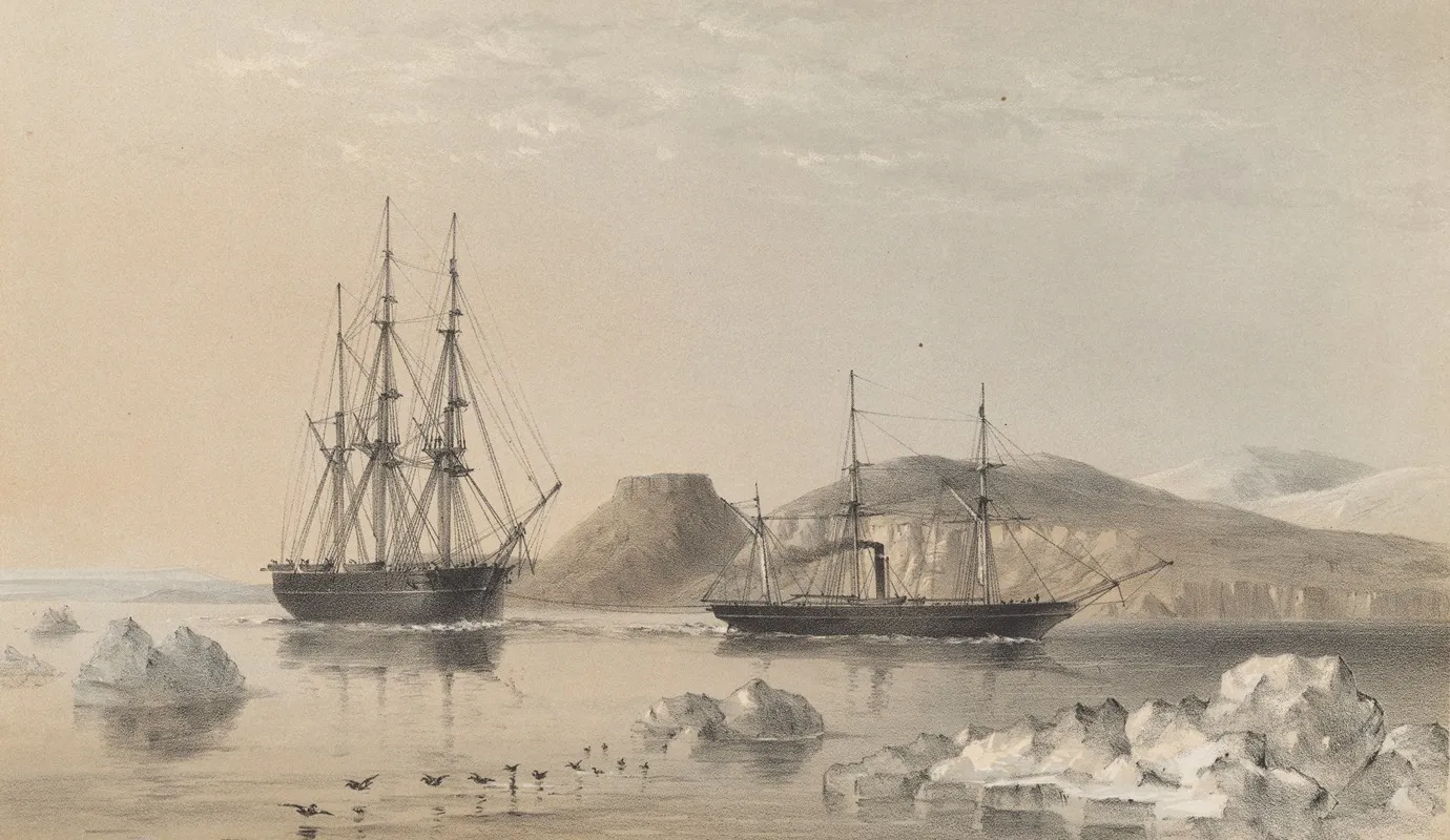 H M S Assistance In Tow Of The Pioneer Captain Sherard Osborn Passing John Barrow Mount North Of Wellington Channel 1853 Wall Art by Walter William May - High-Resolution Digital Print