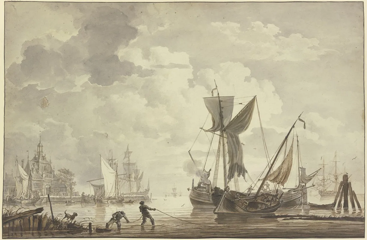 Hafen Links Ein Gebaude Mit Grosem Portal Zwei Matrosen Ziehen Ein Seil Aus Dem Wasser Wall Art by Hendrik Kobell - High-Resolution Digital Print
