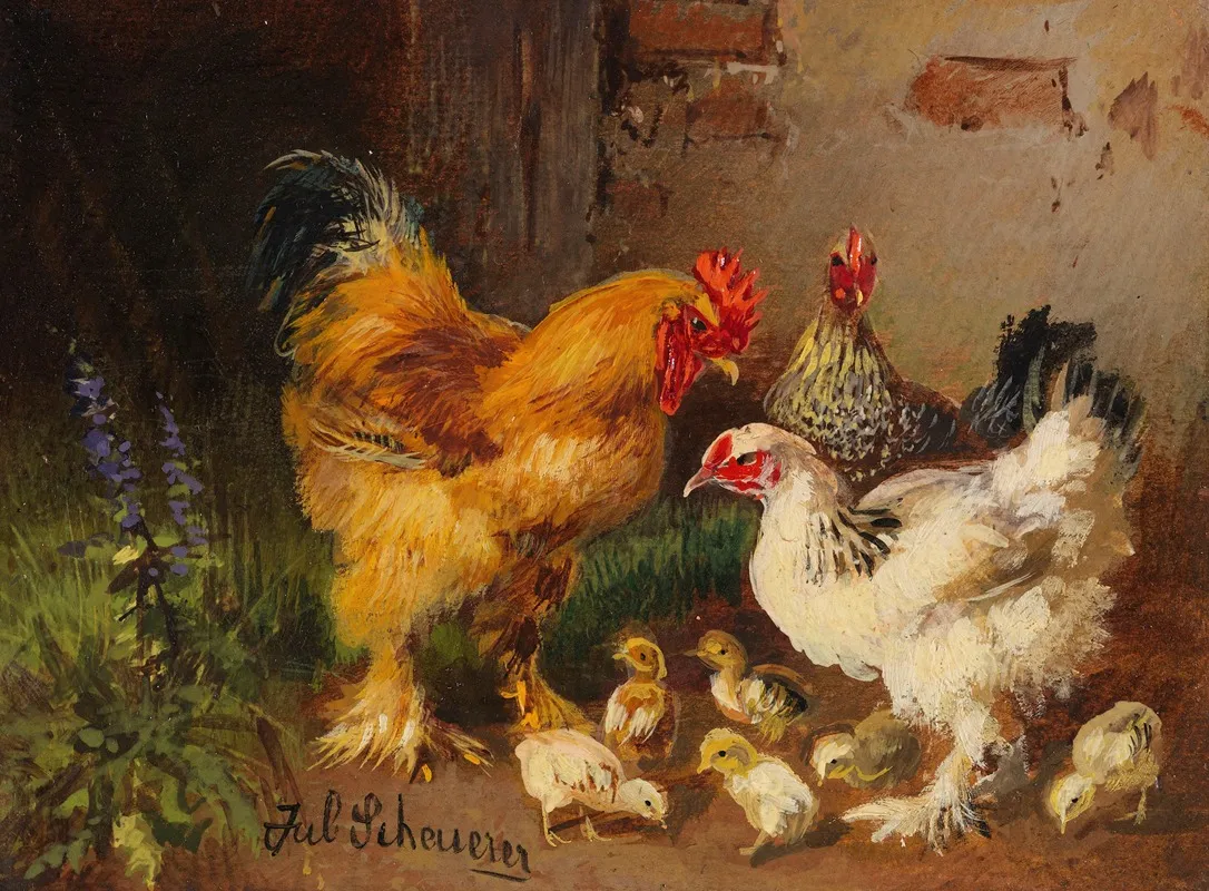 Hahn Huhner Und Kuken Vor Dem Stall Auf Der Wiese Wall Art by Julius Scheuerer - High-Resolution Digital Print