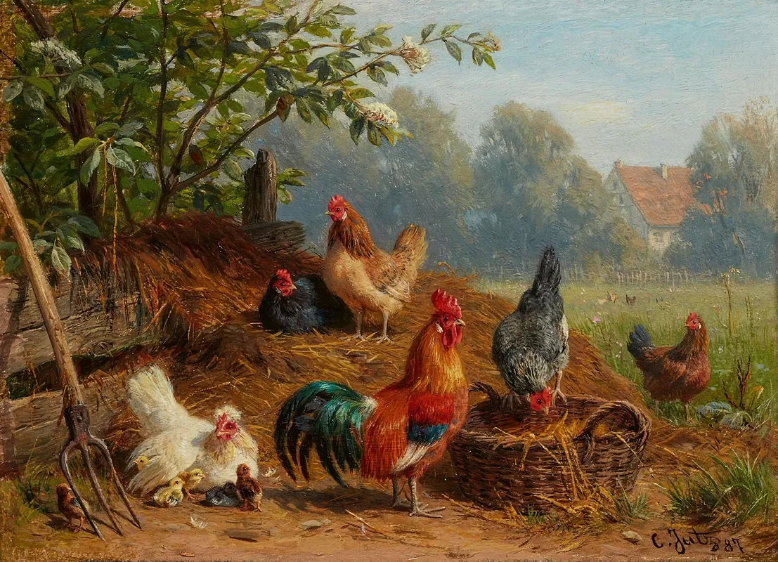 Hahn Und Huhner Vor Einer Landschaft Wall Art by Carl Jutz The Elder - High-Resolution Digital Print