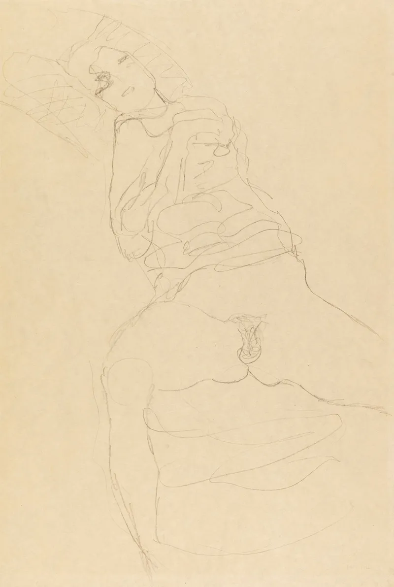 Halbakt Von Vorne Nach Links Liegend Wall Art by Gustav Klimt - Canvas Print