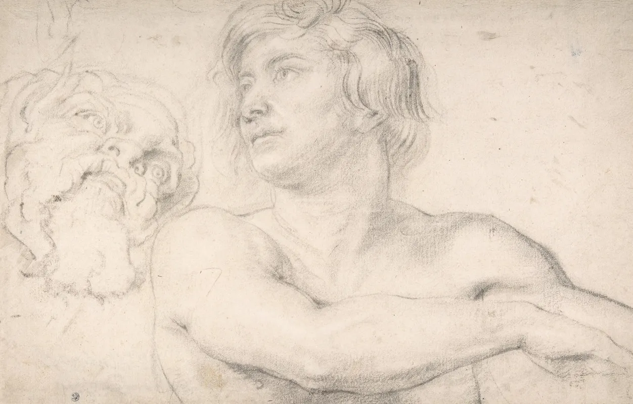 Half Figure Of A Nude Man Facing Left Head Of A Satyr