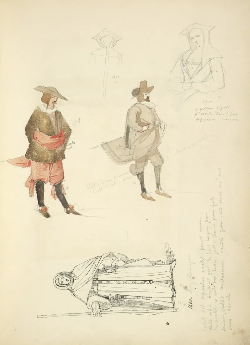 Half Length Study Of A Woman 1400 Man In Breeches Sash Pointed Shoes Stockings And Hat A Monk In His Habit 1400