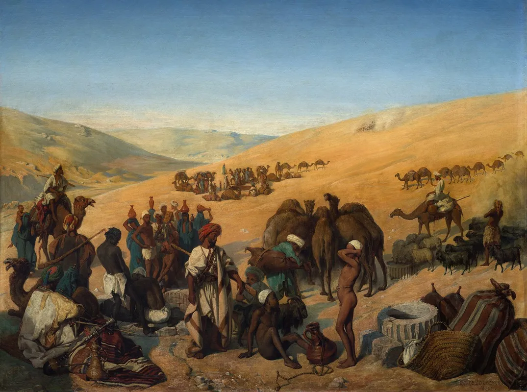 Halt Of Caravans At The Wells Of Saba Beersheba In The Desert South Of Hebron Wall Art by Charles de Coubertin - High-Resolution Digital Print