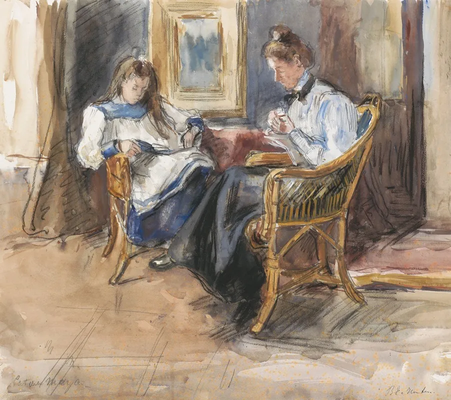 Handwerkende Dame En Lezend Meisje In Rieten Stoelen Gezeten In Het Huis Aan De Riouwstraat 6 Te Den Haag Wall Art by Barbara Elisabeth van Houten - High-Resolution Digital Print