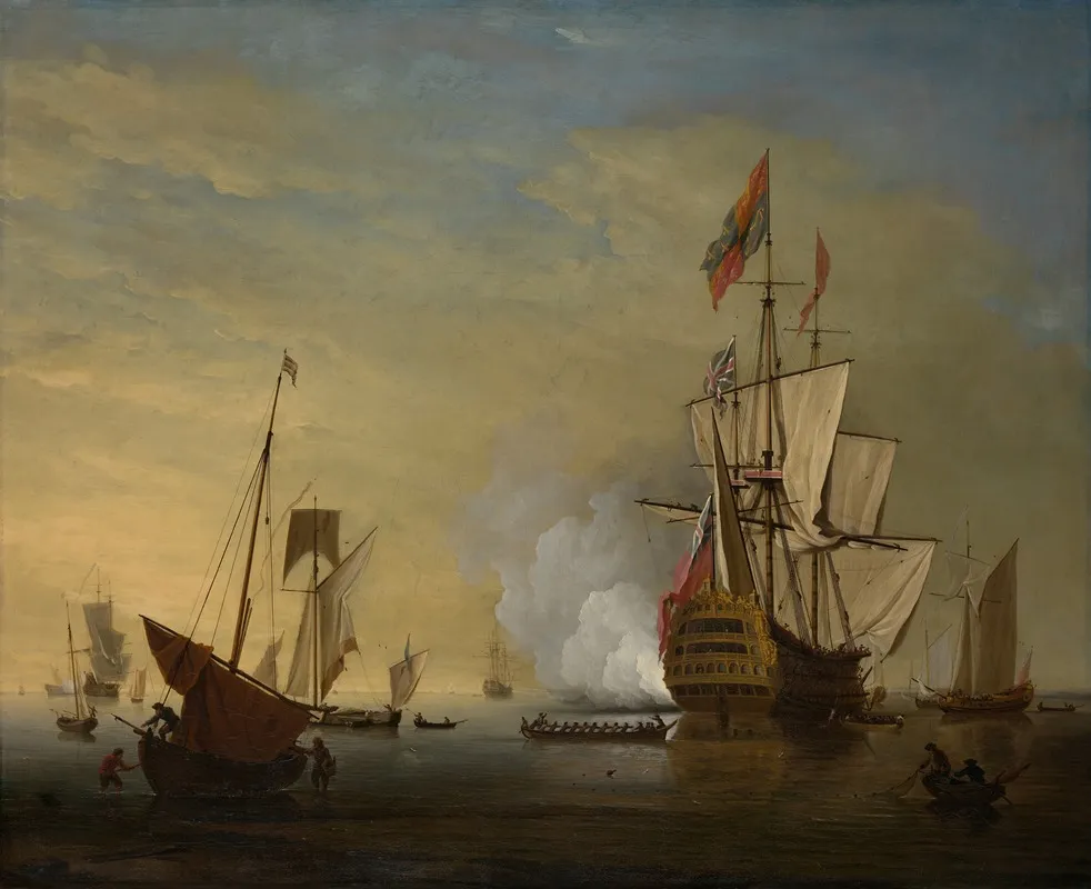 Harbor Scene An English Ship With Sails Loosened Firing A Gun