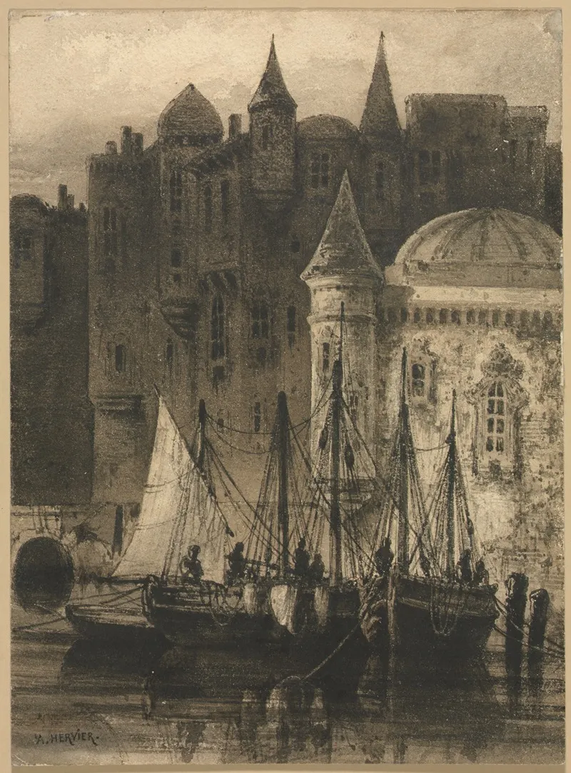 Harbor Scene With Boats And Castle Wall Art by Auguste Hervier - High-Resolution Digital Print