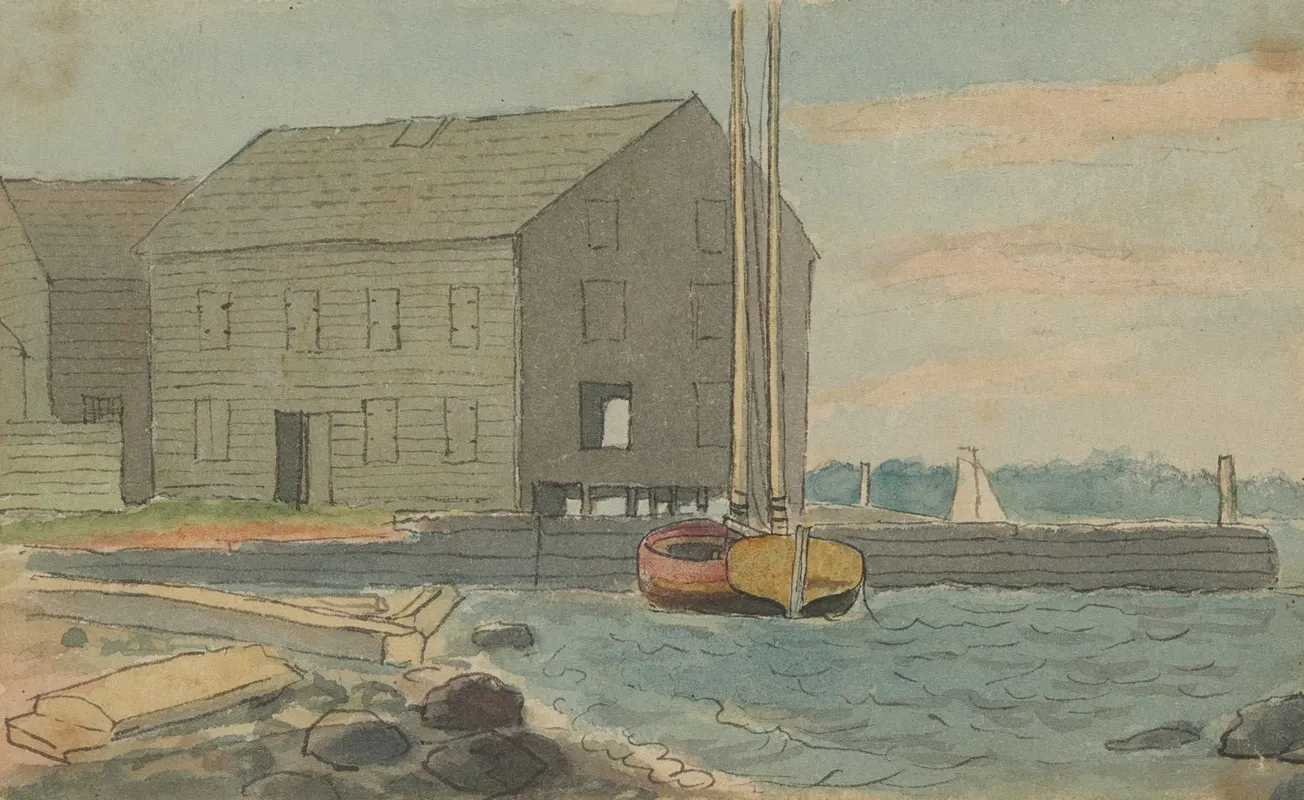 Harbor Scene With Small Sailboat And Gray Building