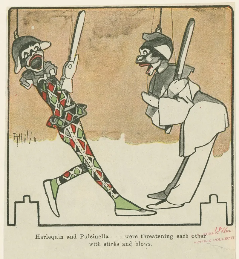 Harlequin And Pulcinella Were Threatening Each Other With Sticks And Blows Wall Art by Attilio Mussino - High-Resolution Digital Print