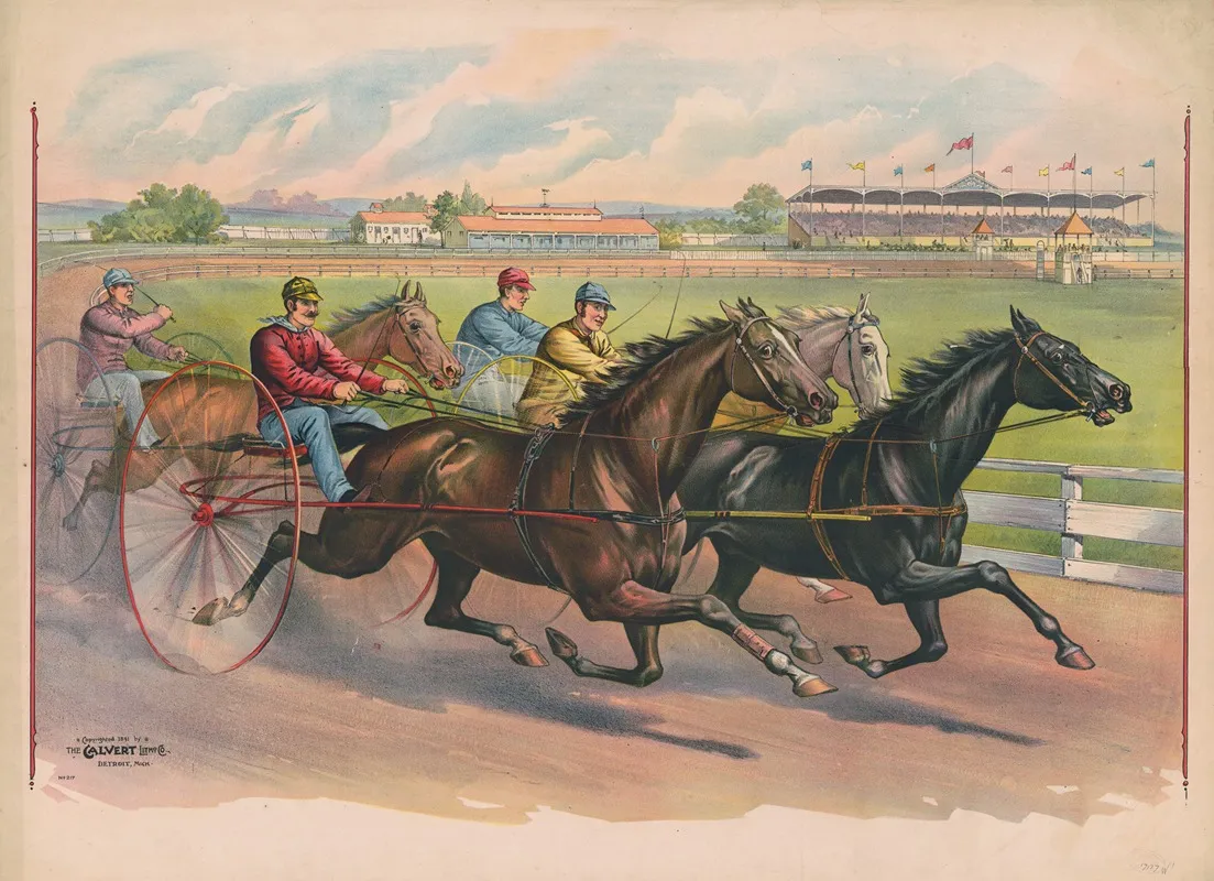 Harness Race Between Four Horses And Riders Wall Art by Calvert Litho. Co - High-Resolution Digital Print