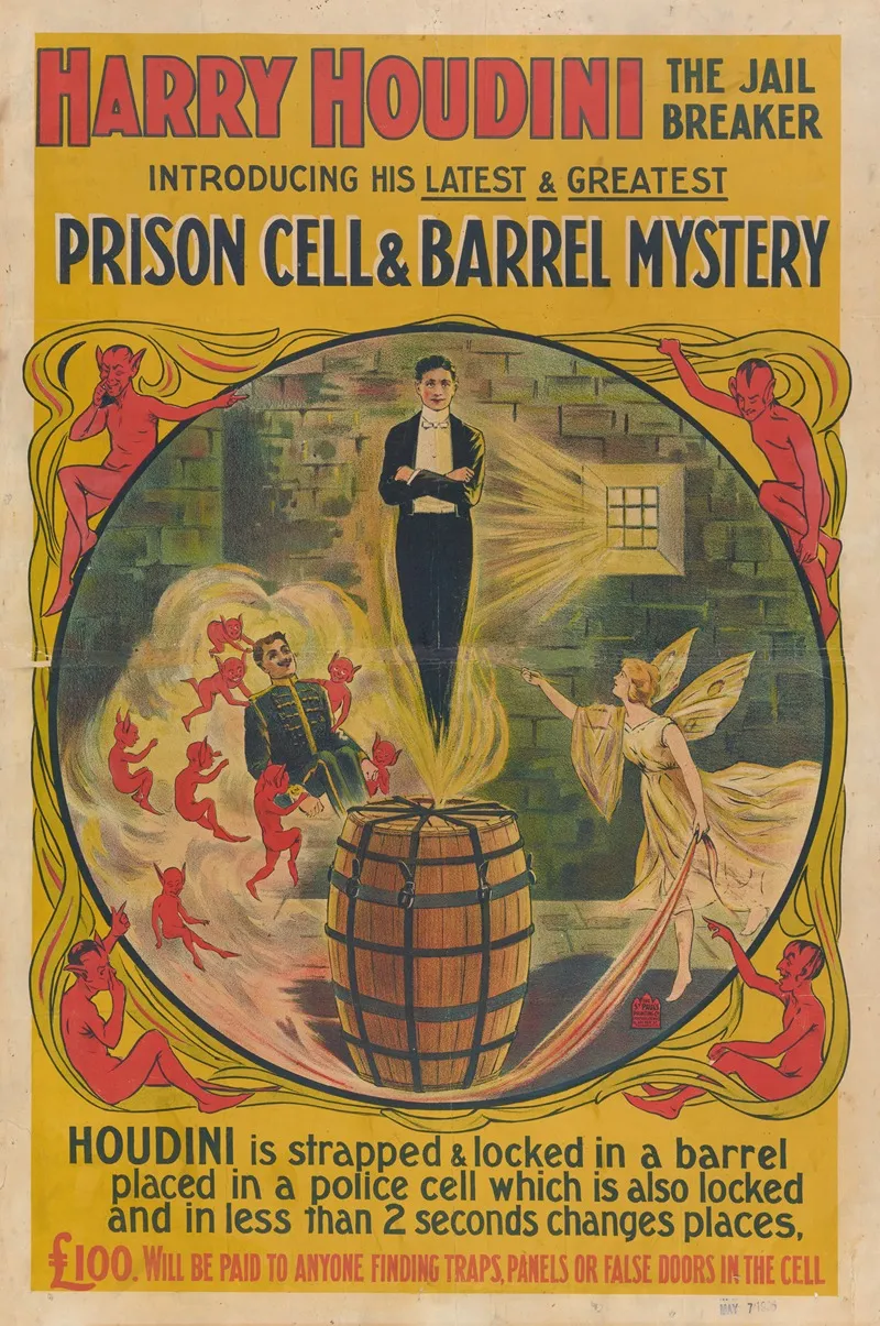 Harry Houdini The Jail Breaker Prison Cell And Barrel Mystery Wall Art by St. Paul's Printing Co. - High-Resolution Digital Print