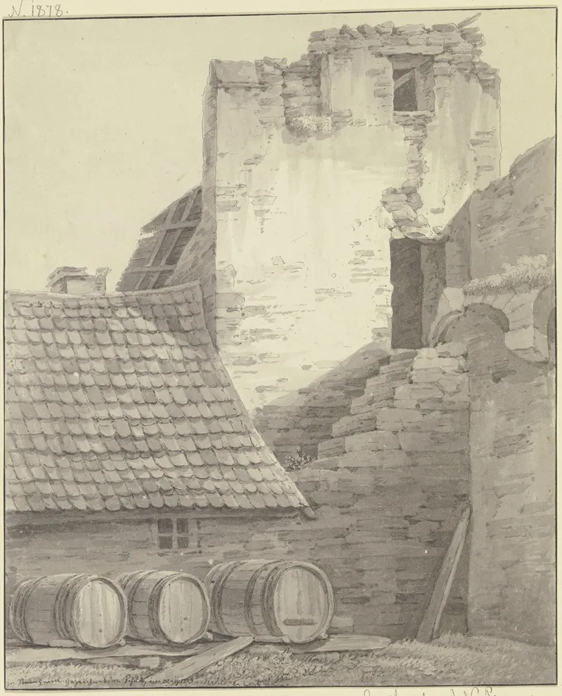 Haus An Einer Stadtmauer Mit Turm Und Treppe Im Vordergrund Drei Liegende Fasser