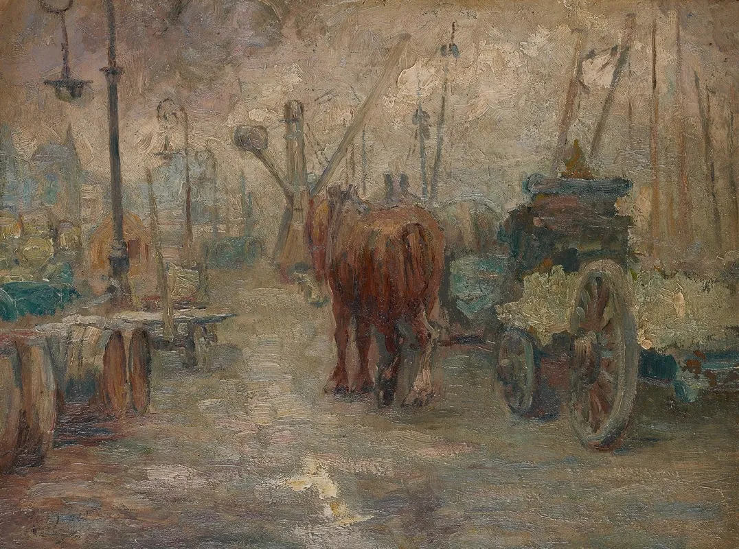 Havengezicht Met Natiewagen Paarden En Havenkraan