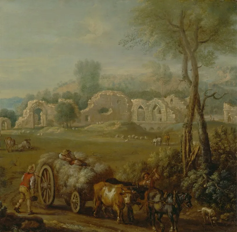 Haycart Passing A Ruined Abbey