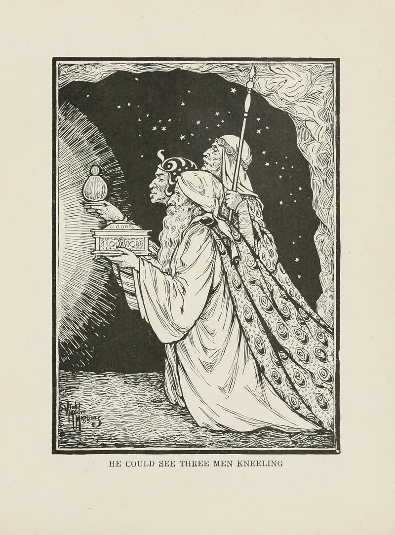 He Could See Three Men Kneeling Wall Art by Violet Moore Higgins - High-Resolution Digital Print