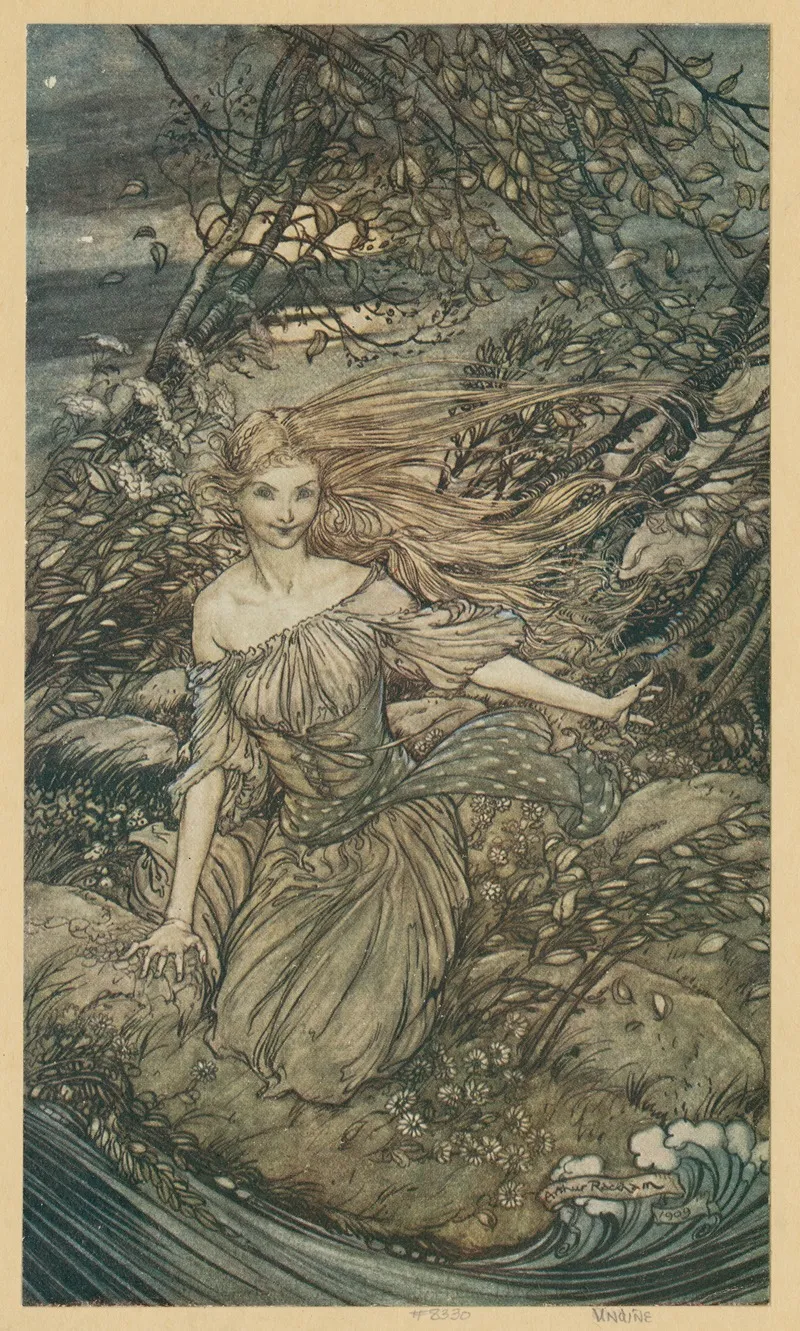 He Saw By The Moonlight Momentarily Unveiled A Little Island Encircled By The Flood And There Under The Branches Of The Overhanging Trees Was Undine Wall Art by Arthur Rackham - High-Resolution Digital Print