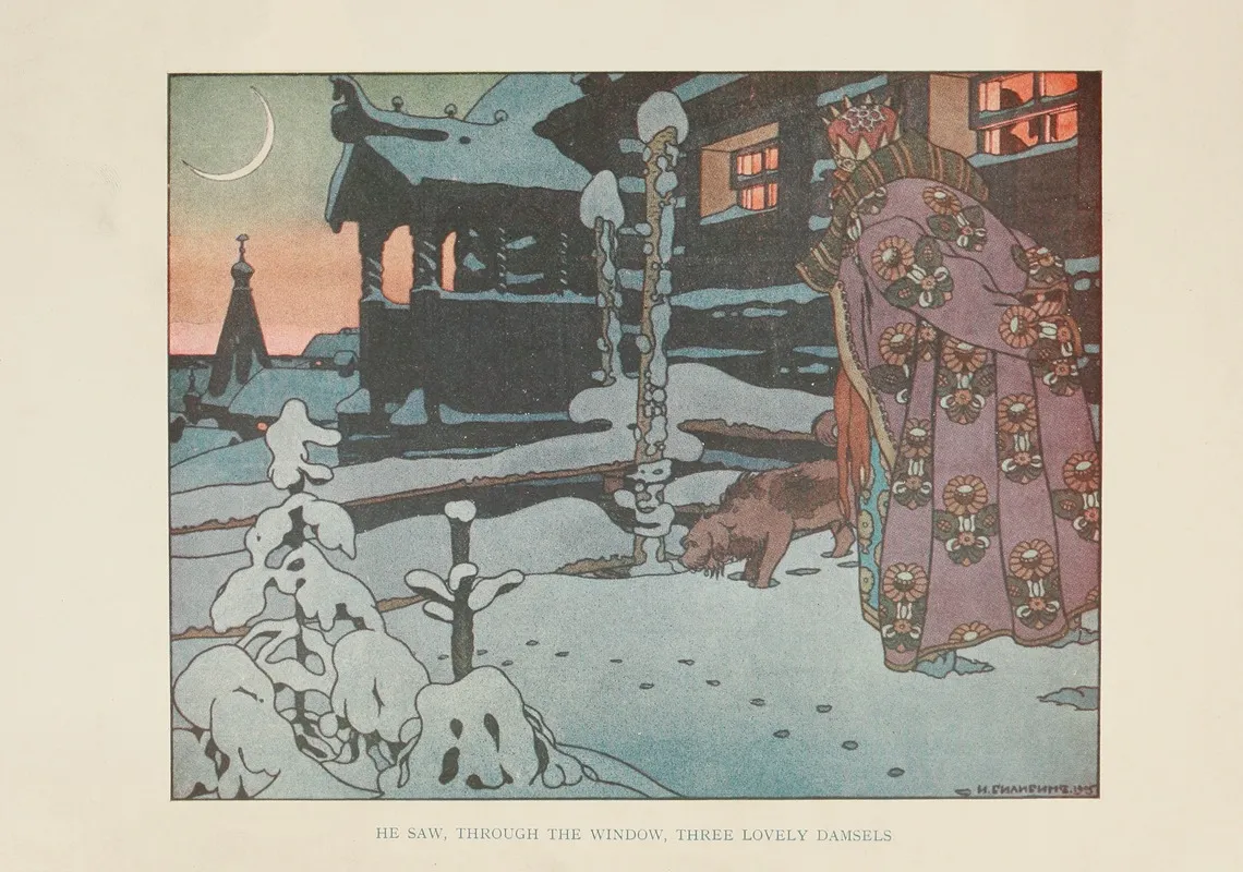 He Saw Through The Window Three Lovely Damsels Wall Art by Ivan Bilibin - High-Resolution Digital Print