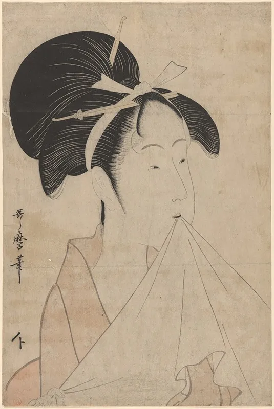 Head Of Woman Holding Towel In Her Mouth