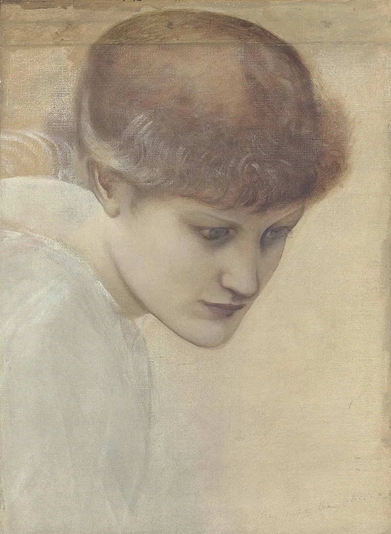 Head Study Of Dorothy Dene Looking Downwards For The Golden Stairs Wall Art by Sir Edward Coley Burne-Jones - High-Resolution Digital Print