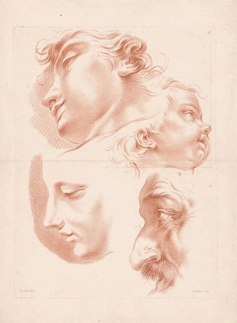 Heads Of Two Men A Woman And A Child Wall Art by Louis-François Roubiliac - High-Resolution Digital Print