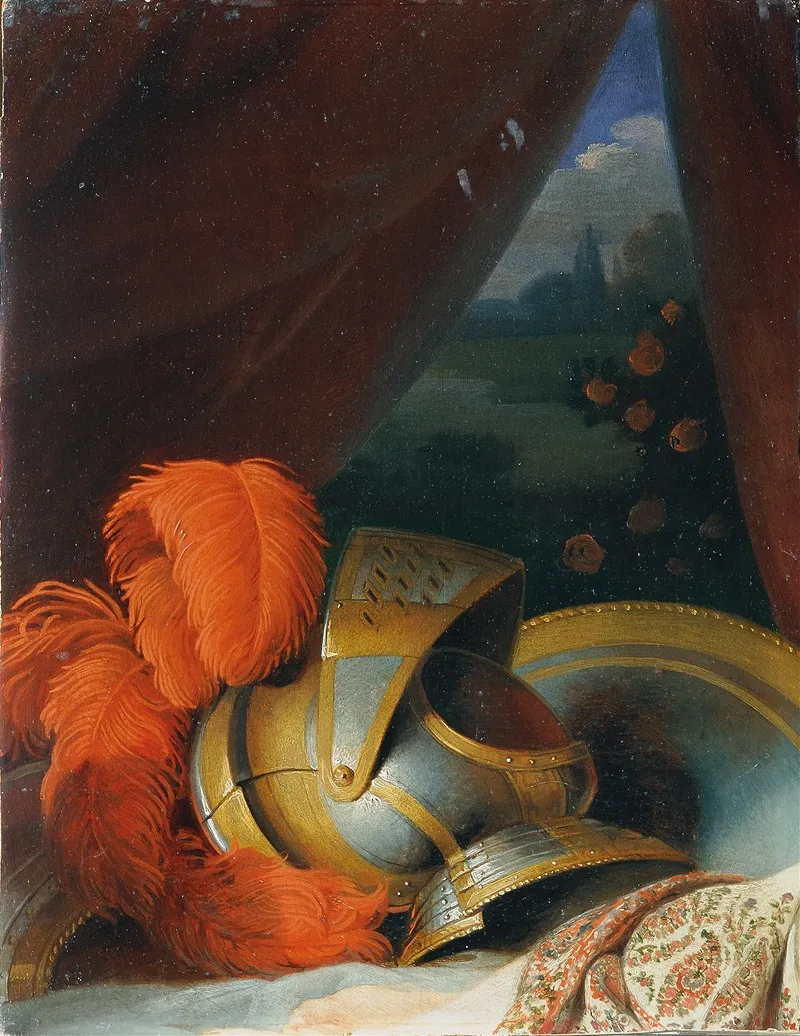 Helmet And Round Shield Possibly Detailed Study Of Chlorindens Baptism Wall Art by Johann Peter Krafft - High-Resolution Digital Print