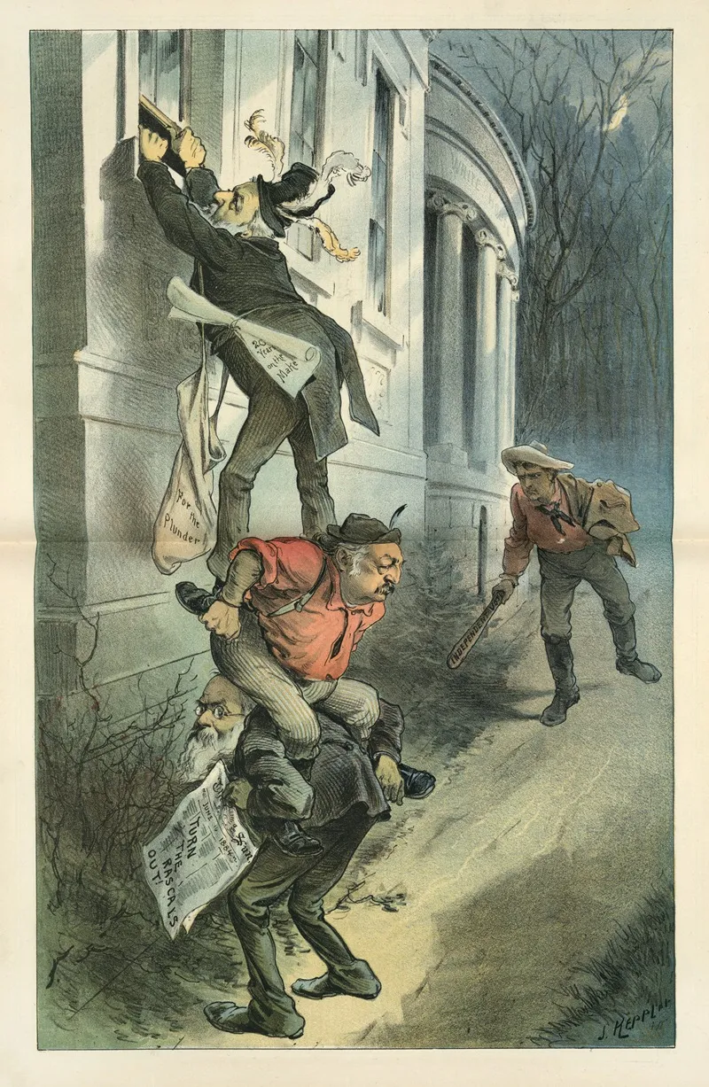 Helping The Rascals In A Burglarious Scheme That May Be Suddenly Spoiled Wall Art by Joseph Ferdinand Keppler - High-Resolution Digital Print