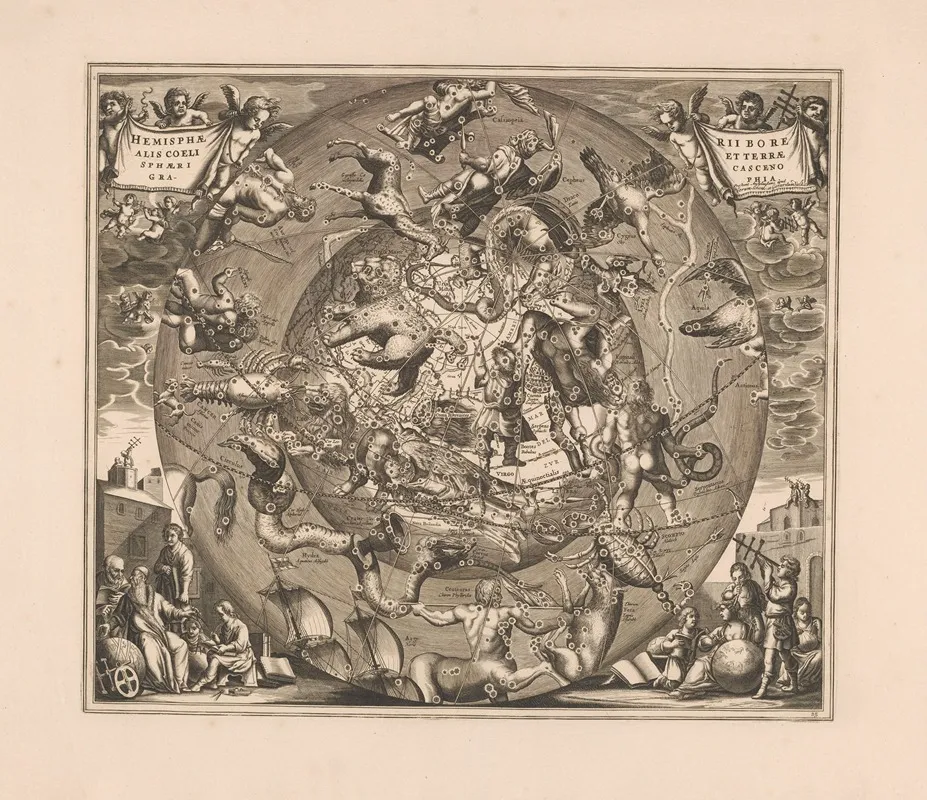 Hemelkaart Met De Noordelijke Sterrenbeelden Haemisphaerii Borealis Coeli Et Terrae Sphaerica Scenographia Wall Art by Peter Schenk the Elder - High-Resolution Digital Print