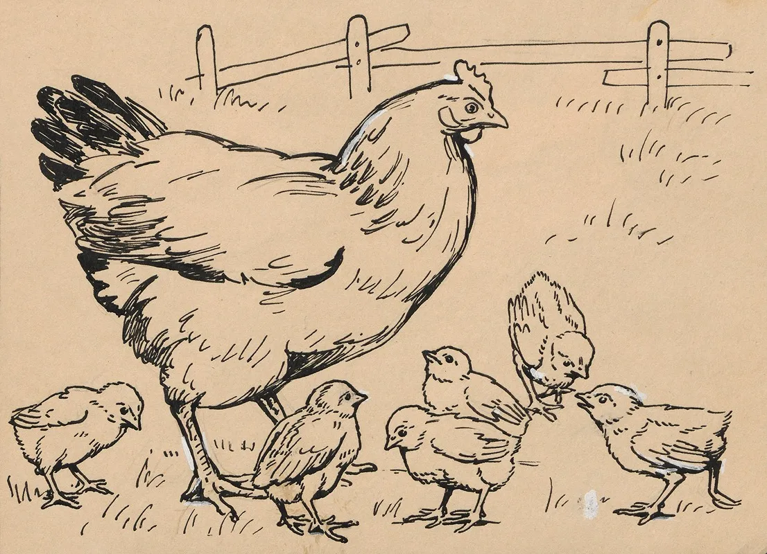 Hen And Chicks In A Chicken Coop