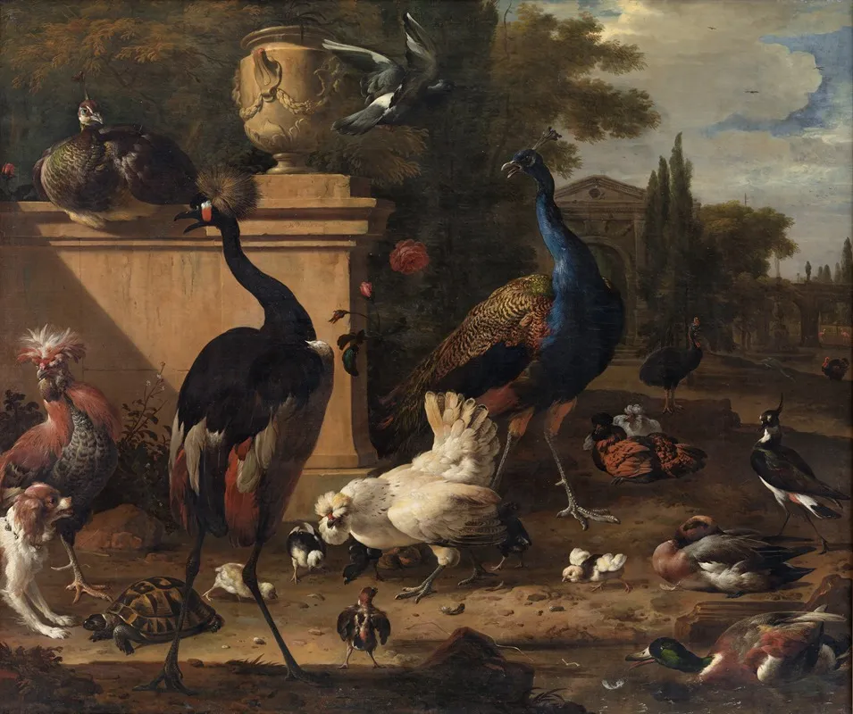 Hen Run At A Manor Wall Art by Melchior d'Hondecoeter - High-Resolution Digital Print