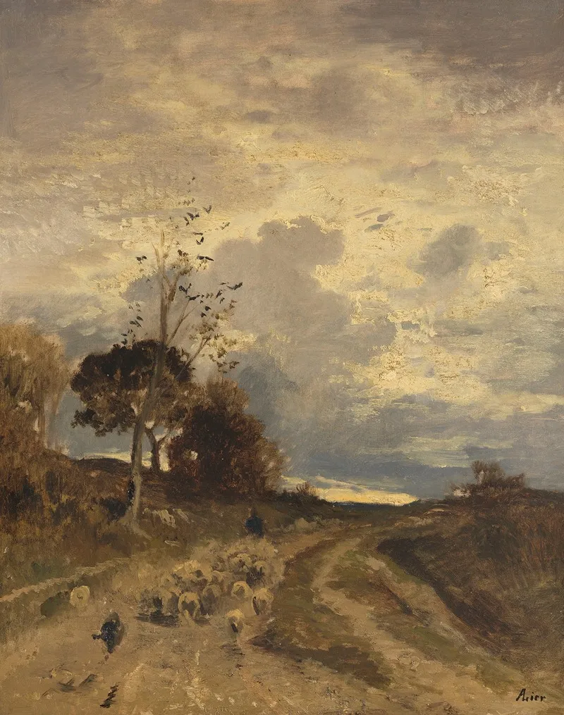 Herbstlandschaft Am Abend Mit Heimkehrender Schafherde
