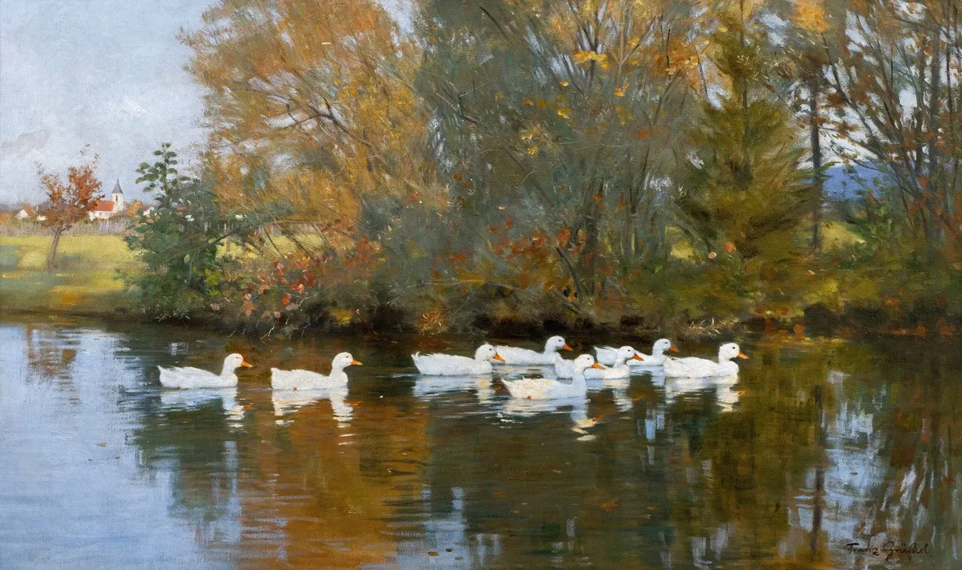 Herbstlandschaft Mit Enten Auf Einem Teich