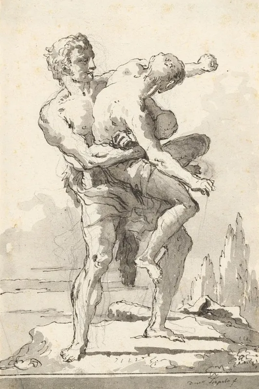 Hercules And Antaeus With A Ledge Below Wall Art by Giovanni Domenico Tiepolo - High-Resolution Digital Print