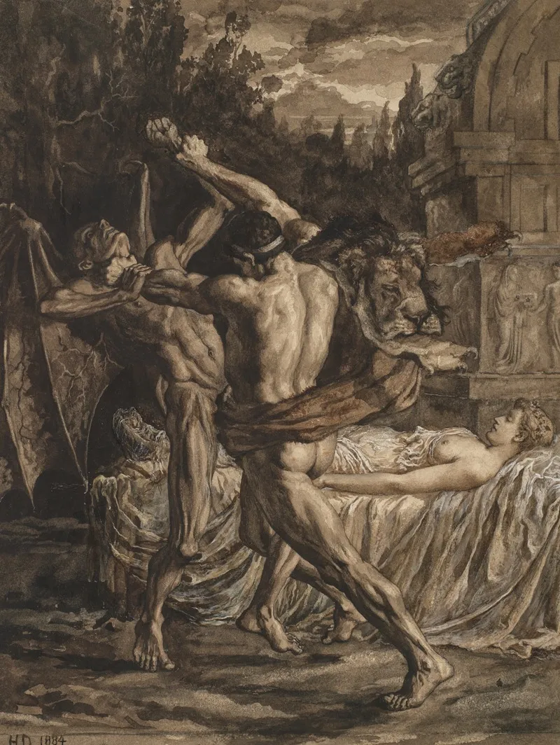 Hercules Wrestling With Death For The Soul Of Alcestis Wall Art by Herbert Thomas Dicksee - High-Resolution Digital Print