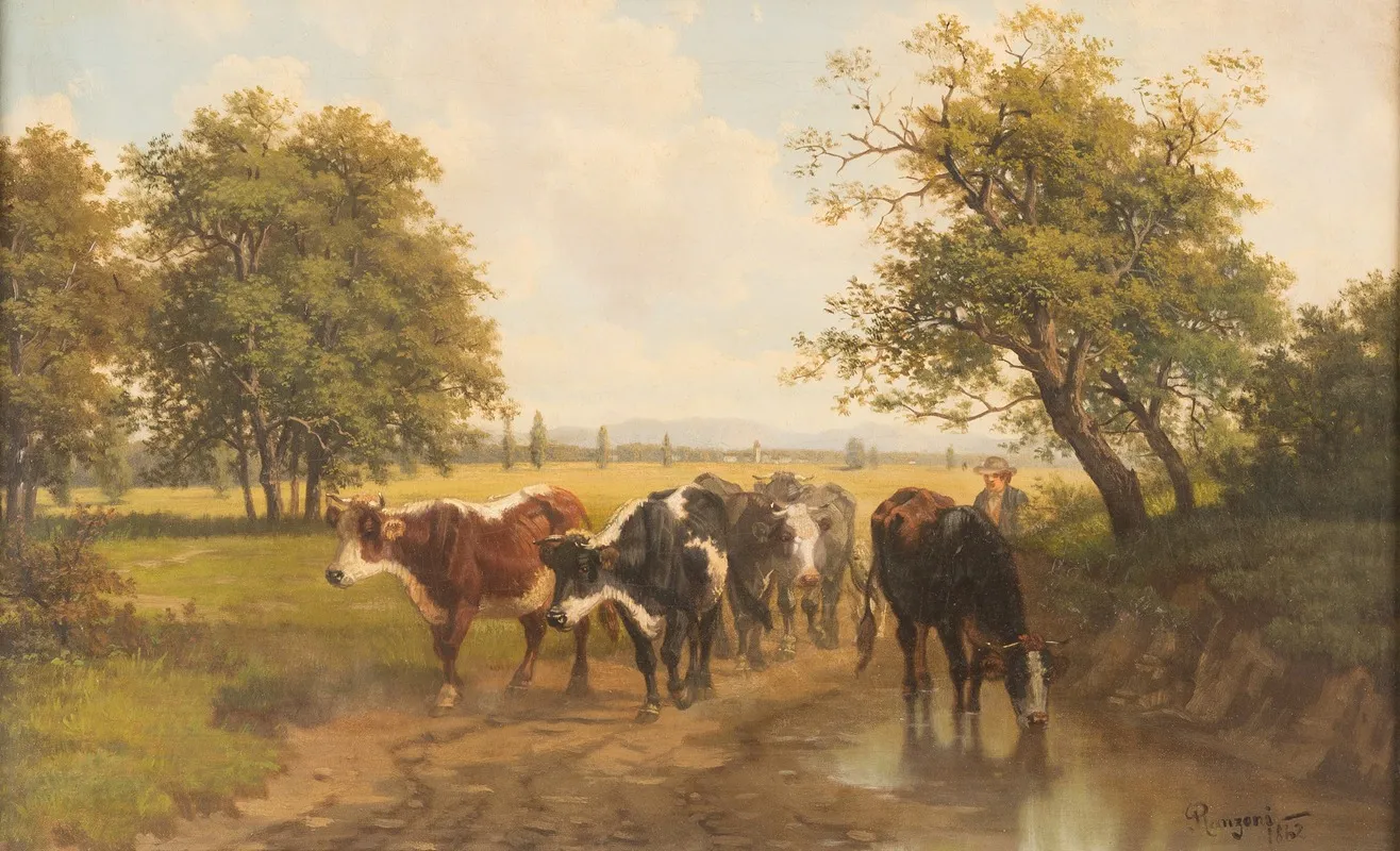 Herd Of Cows In Vast Landscape Wall Art by Gustav Ranzoni - High-Resolution Digital Print