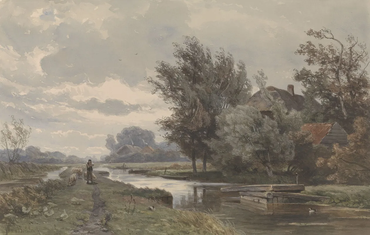 Herder Met Schapen Bij Boerderij Aan Water Wall Art by Jan Willem van Borselen - High-Resolution Digital Print